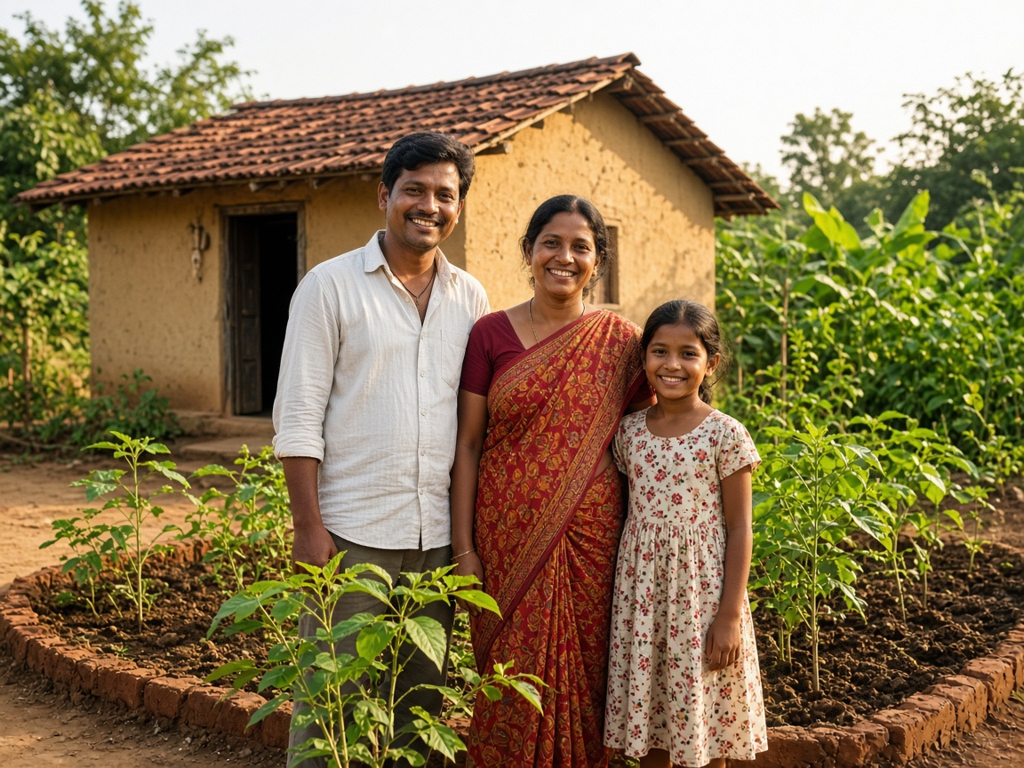 A family standing in front of their home and garden